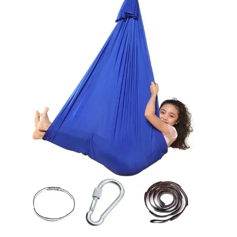 Blue compression sensory swing with sling loop, carabiner and extension strap