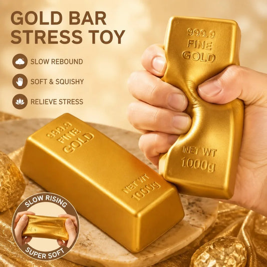 Gold bar stress toy squeezed in hand