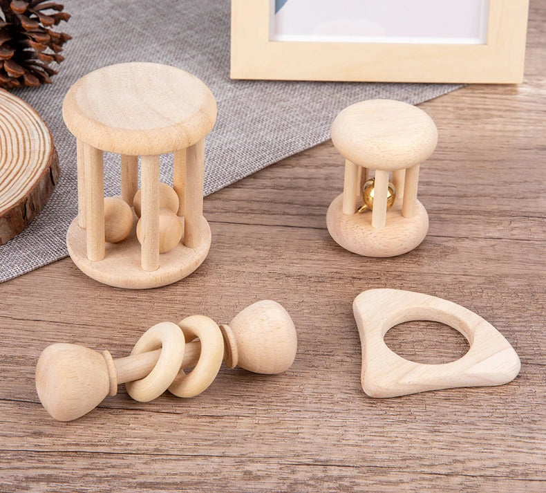 4 Piece Wooden Baby Rattle and Grasping Toy