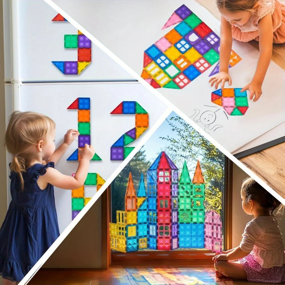 110-piece magnetic tile set with vehicle accessories, packaging view