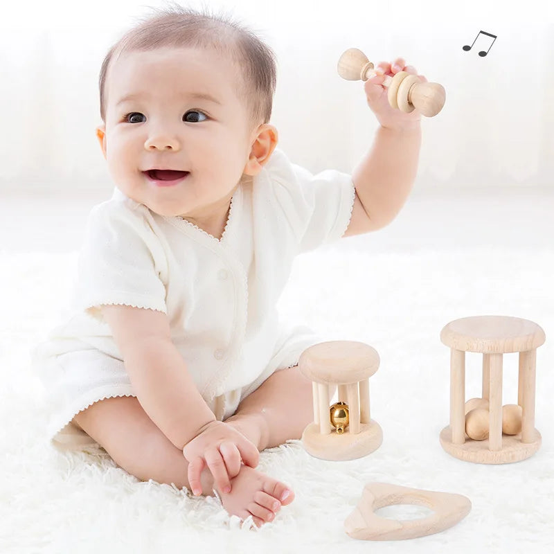 4 Piece Wooden Baby Rattle and Grasping Toy