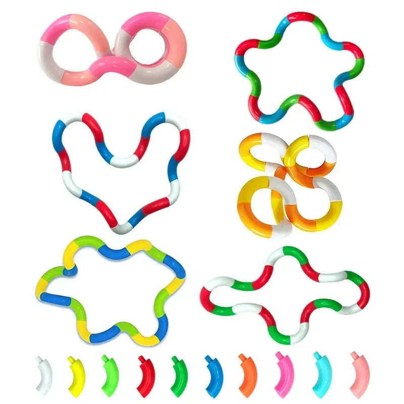 Twisty tangle fidget toy bent into a spiral shape