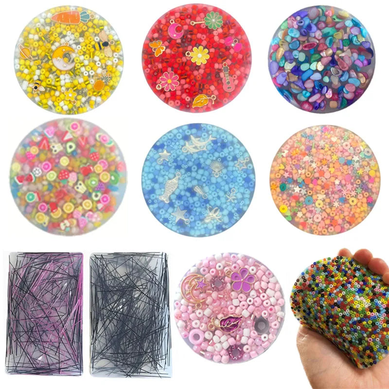 Assorted round skin picking pads with beads, fruit slices, and charms