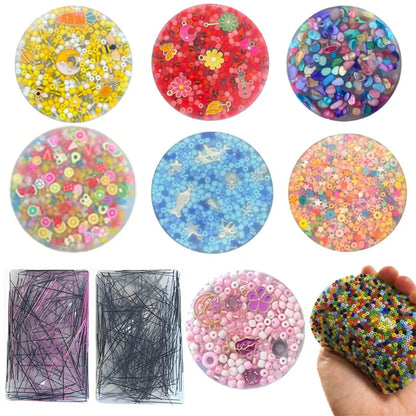 Assorted round skin picking pads with beads, fruit slices, and charms