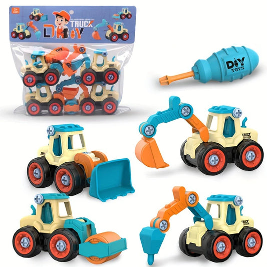 DIY Toddler Set of 4 Engineering Vehicles: Excavators, Bulldozers, Ground Drills, Road Rollers
