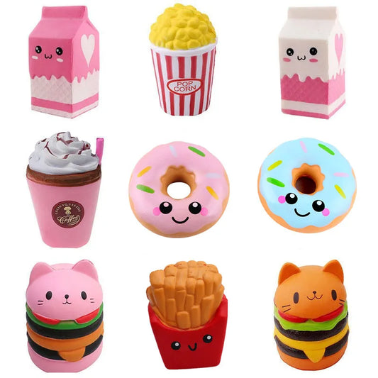 Jumbo food squishy toys: burgers, donuts, fries, popcorn and milk tea