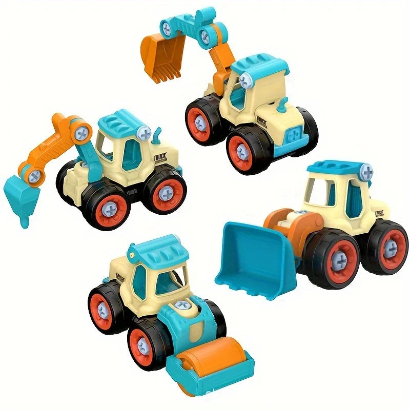DIY Toddler Set of 4 Engineering Vehicles: Excavators, Bulldozers, Ground Drills, Road Rollers