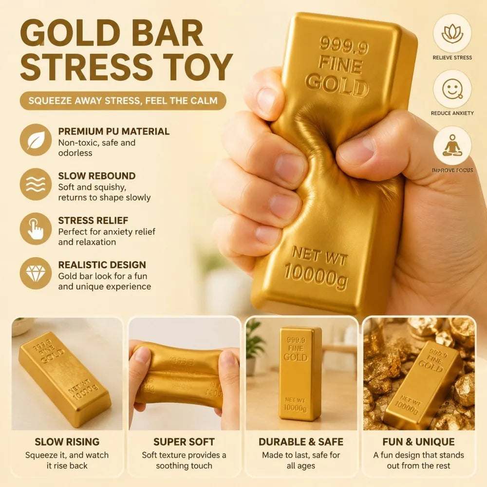 Gold bar stress toy features