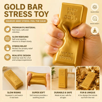 Gold bar stress toy features