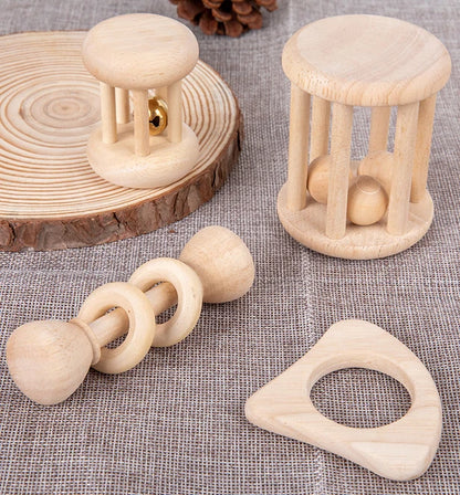 4 Piece Wooden Baby Rattle and Grasping Toy