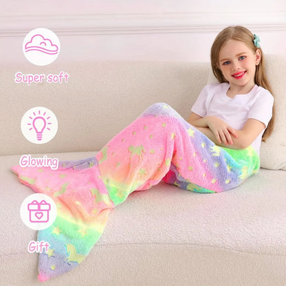 Cartoon Rainbow Mermaid Tail Blanket Super Soft Glow in The Dark