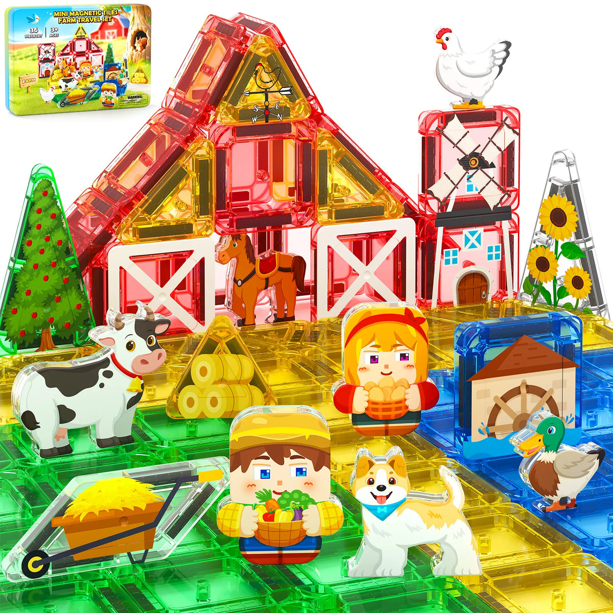 Magnetic tiles farm travel set with metal storage box, full overview