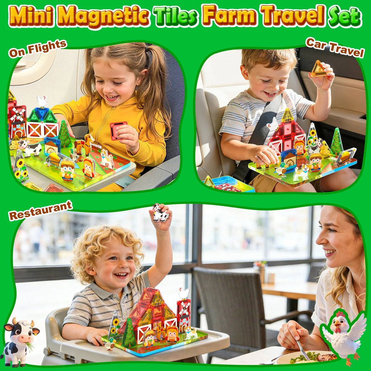 Farm-themed magnetic tiles packed in metal storage box