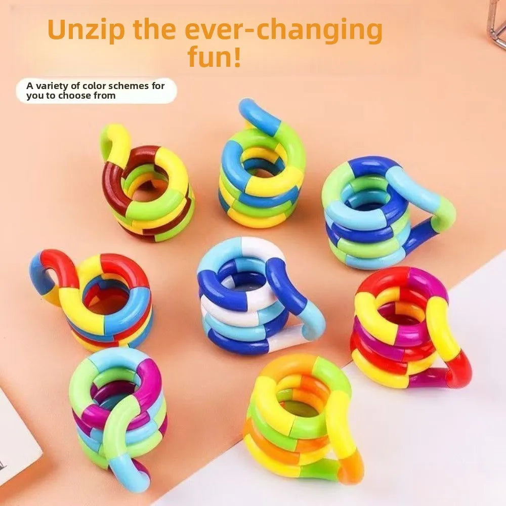 Thermochromic tangle fidget toy twisted into a coil