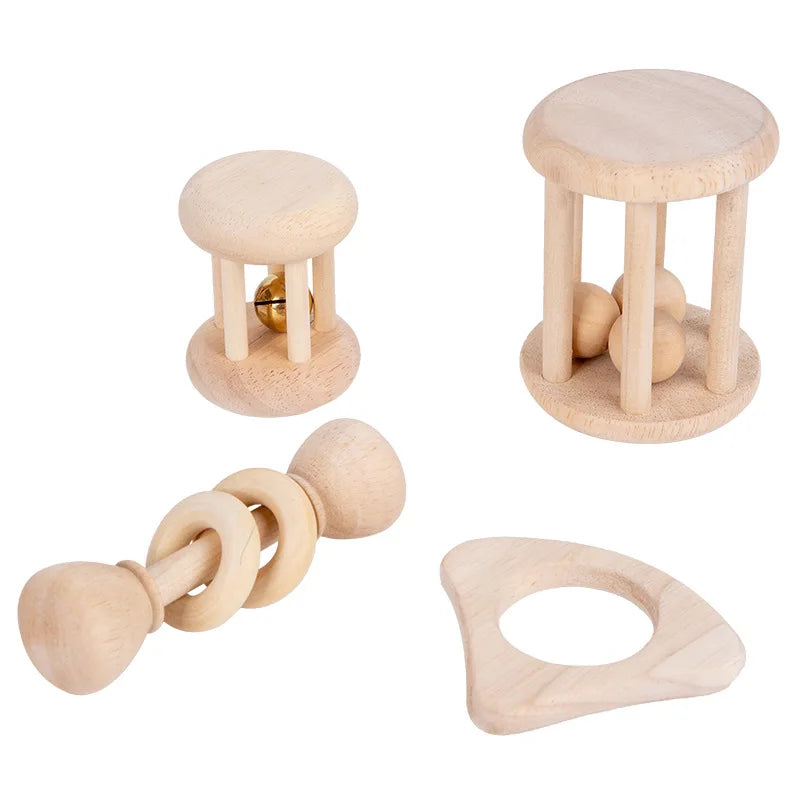 4 Piece Wooden Baby Rattle and Grasping Toy