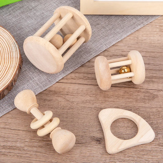 4 Piece Wooden Baby Rattle and Grasping Toy