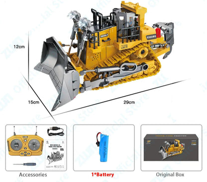 Remote controlled construction toys featuring a metal bulldozer with accessories and original box