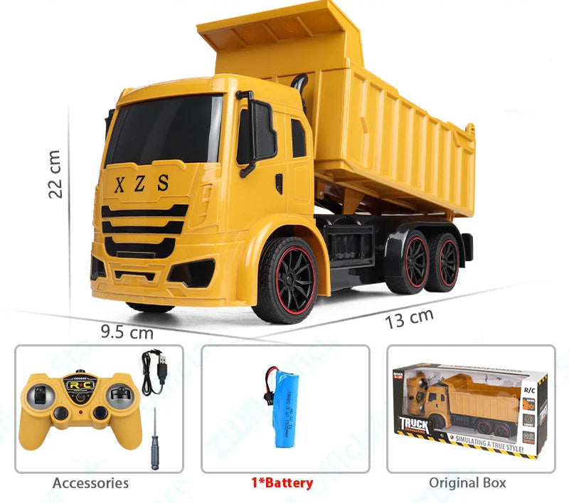 Yellow remote controlled construction toys dump truck with 7 channels and accessories for kids
