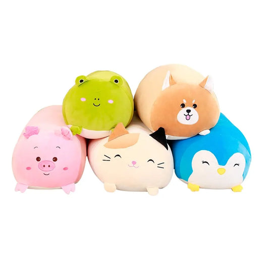 Set of five animal themed therapeutic pillows featuring cute pig, frog, cat, dog, and penguin designs