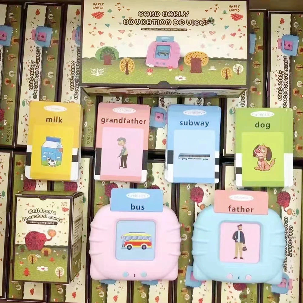 Montessori toy featuring an audible flashcard device with colorful cards for fun learning
