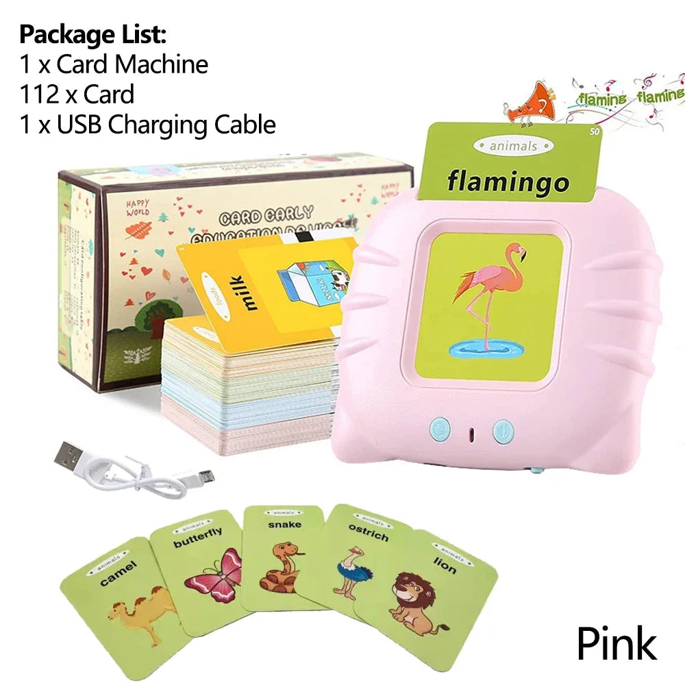 ActivePlaythings Audible Flashcard Device in pink with animal cards and USB charging cable for early learning