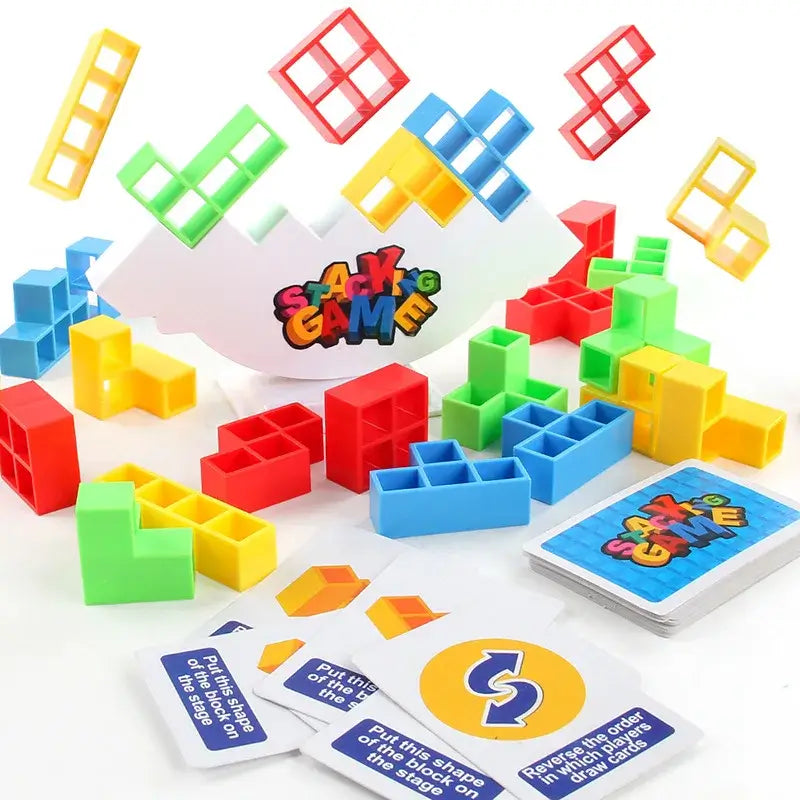 Active Playthings balance stacking game featuring colorful blocks and challenge cards for engaging play
