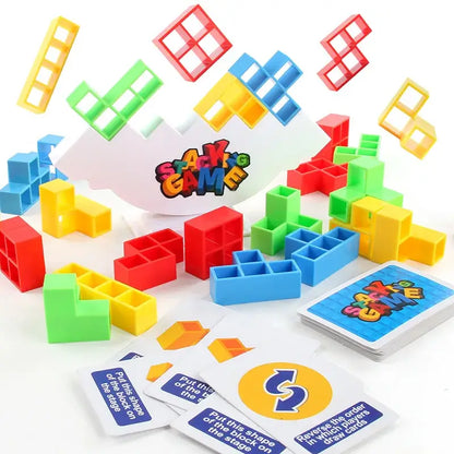 Active Playthings balance stacking game featuring colorful blocks and challenge cards for engaging play