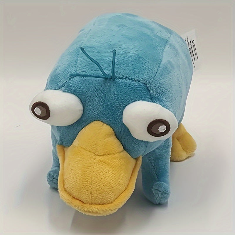Blue platypus plush toy by Active Playthings with big eyes and soft yellow beak