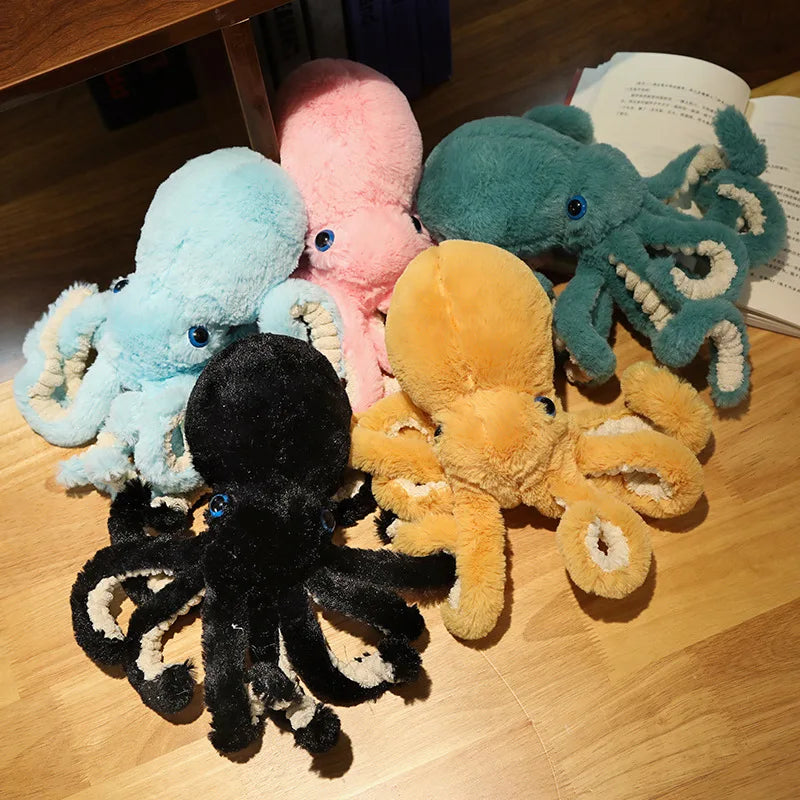 Collection of colorful octopus plush toys including a brown octopus plush toy for kids and collectors