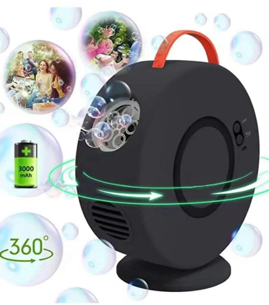 Active Playthings portable 360 degree bubble machine black egg shaped rechargeable unit with orange handle and rotating bubble fan