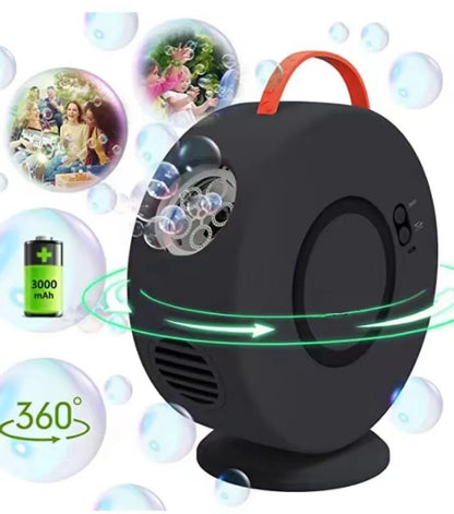 Active Playthings portable 360 degree bubble machine black egg shaped rechargeable unit with orange handle and rotating bubble fan