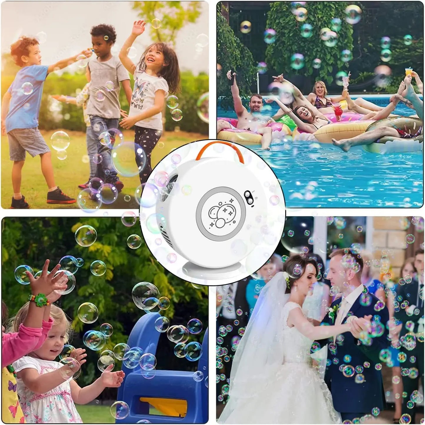 Active Playthings portable 360 degree bubble machine shown creating bubbles at pool parties weddings and kids playdates