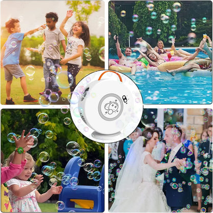 Active Playthings portable 360 degree bubble machine shown creating bubbles at pool parties weddings and kids playdates