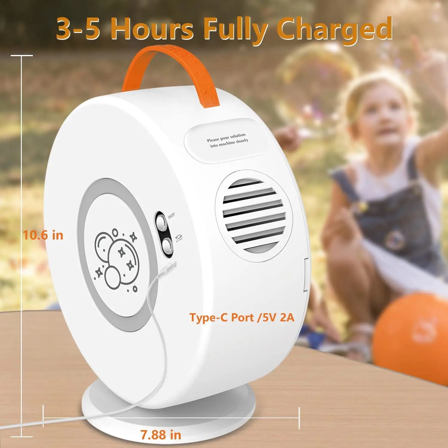 Active Playthings portable 360 degree bubble machine white oval with orange handle Type C charging port and kids playing