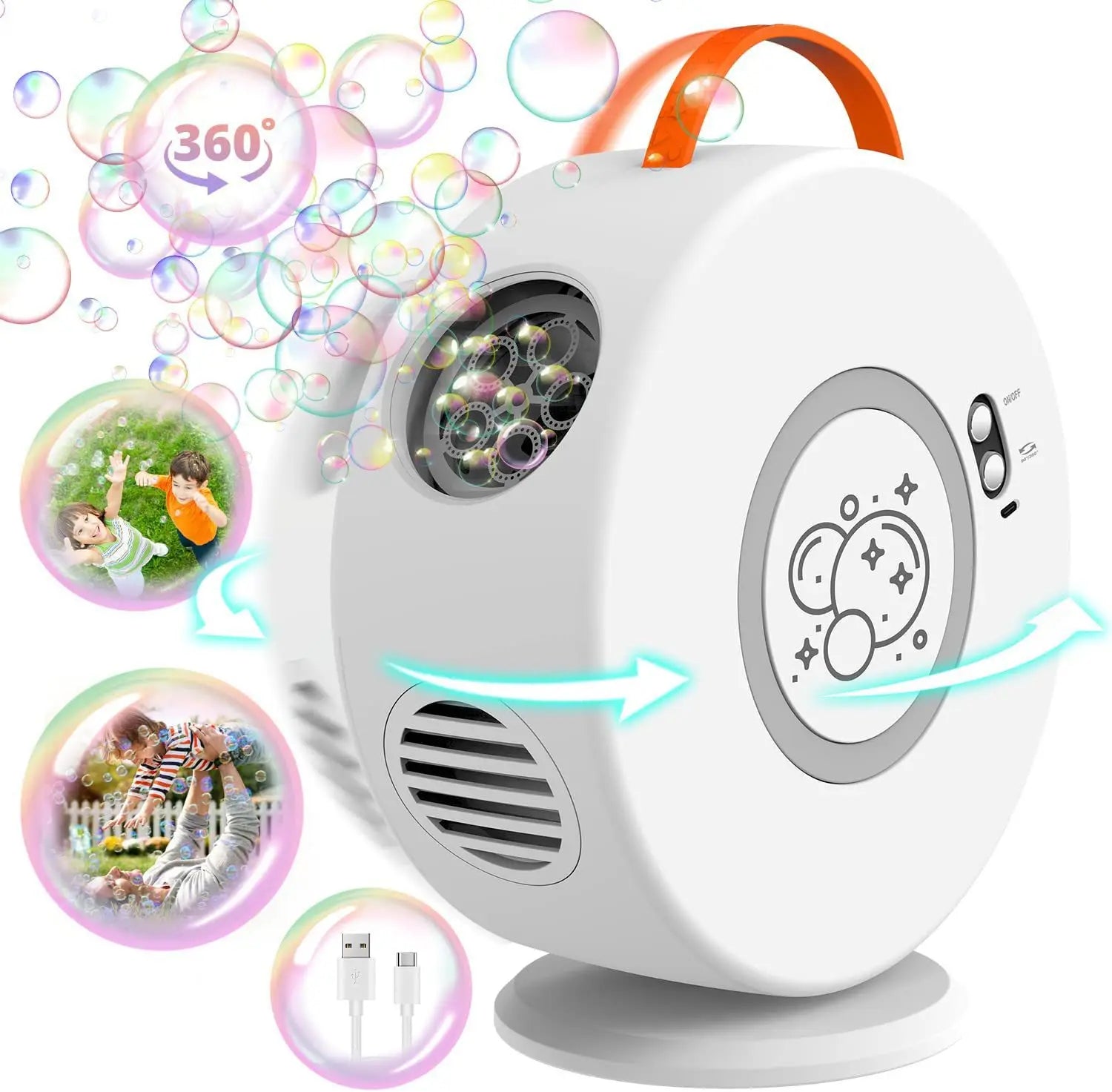 Active Playthings white portable 360 degree bubble machine with orange handle USB rechargeable and rotating bubble head