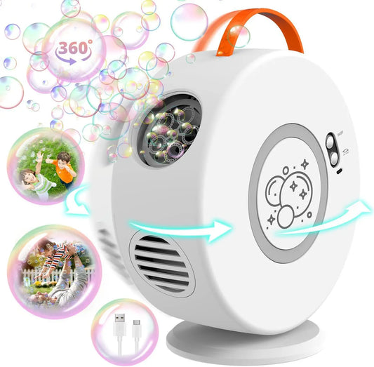 Active Playthings white portable 360 degree bubble machine with orange handle USB rechargeable and rotating bubble head