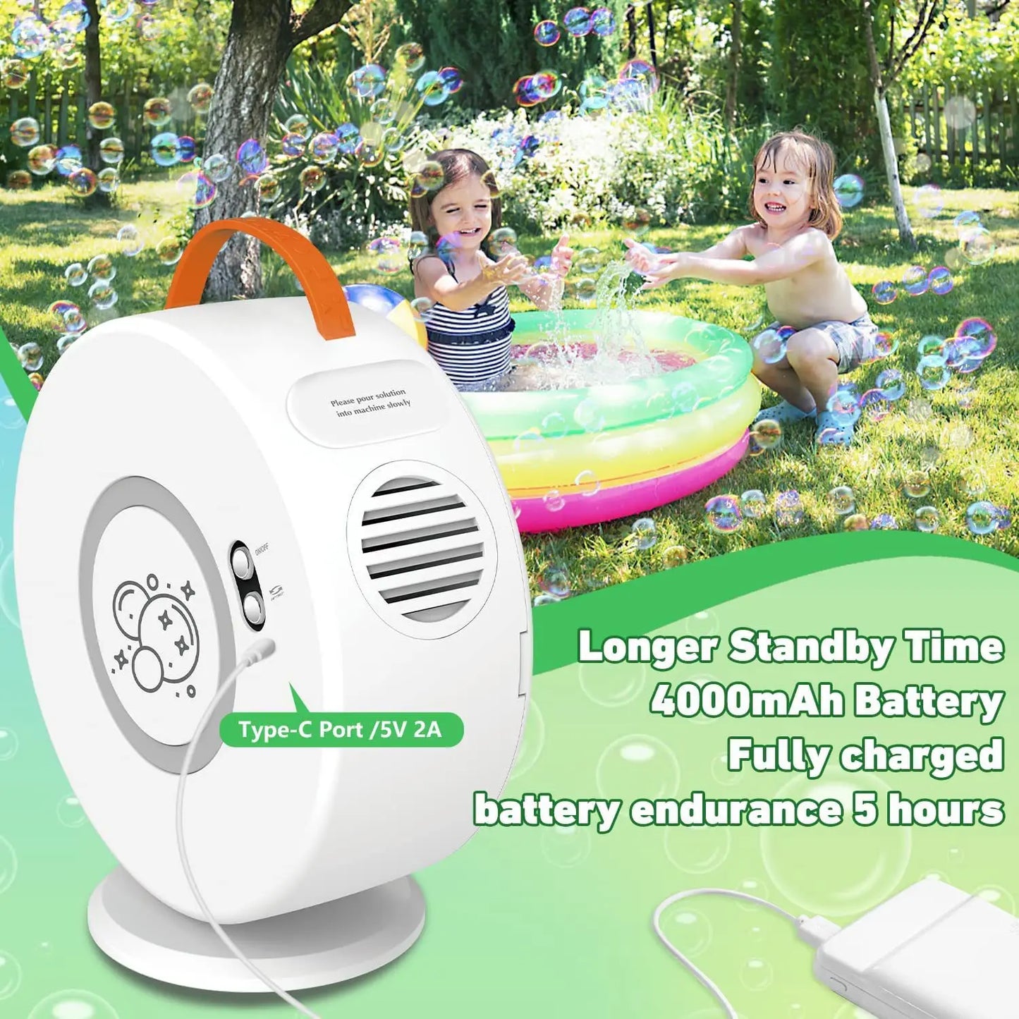 Active Playthings portable 360 degree bubble machine white with orange handle creating bubbles for kids in yard
