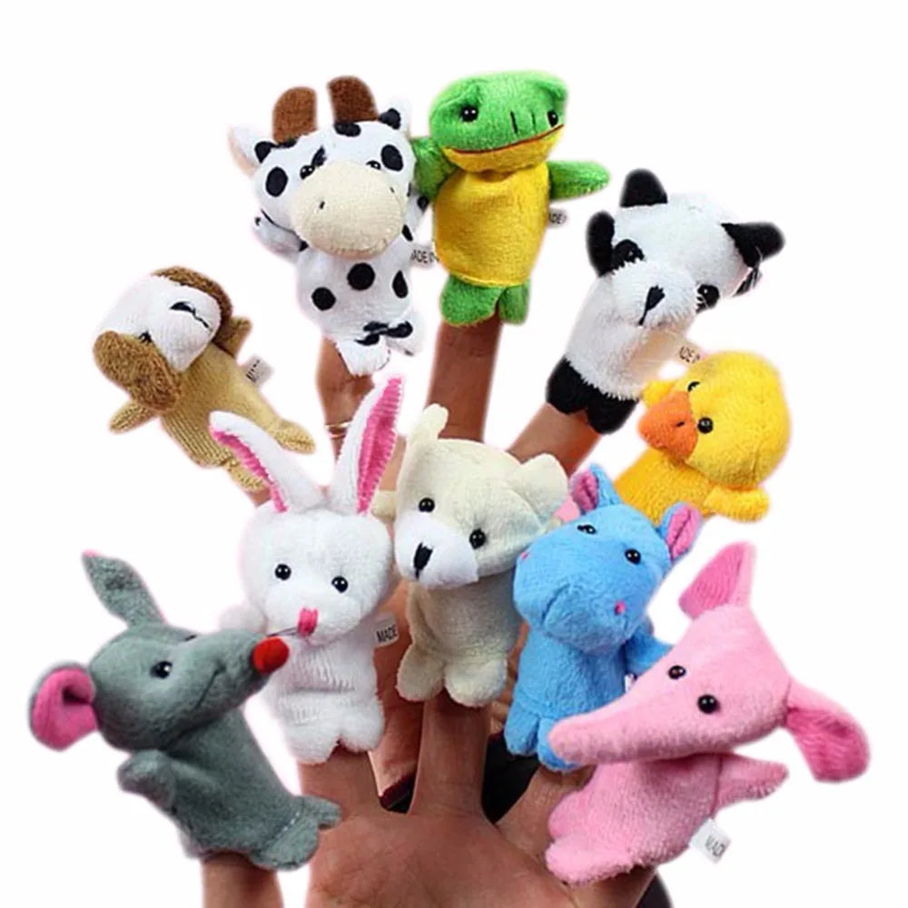 Active Playthings cartoon animal finger puppets set featuring colorful plush characters on fingers