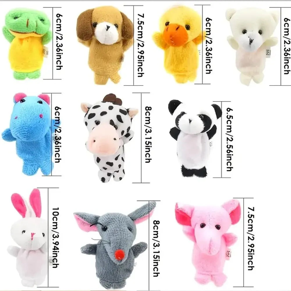 Active Playthings cartoon animal finger puppets set including frog, dog, duck, bear, hippo, cow, panda, rabbit, mouse, and elephant