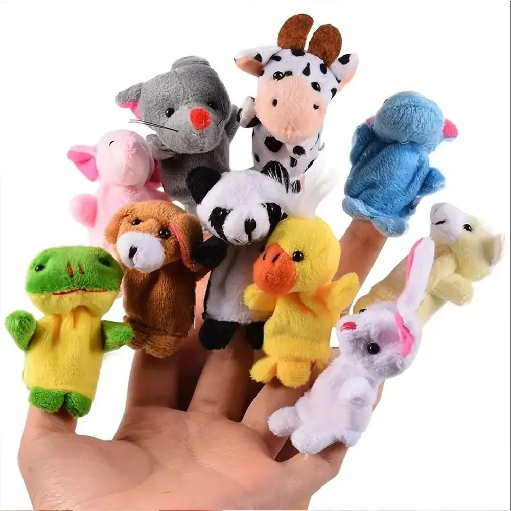 Active Playthings cartoon animal finger puppets set with colorful plush frog, panda, duck, bunny, dog, and more