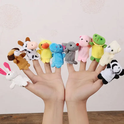 Cartoon animal finger puppets set from Active Playthings featuring colorful plush characters on fingers