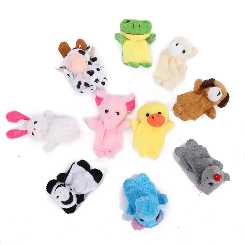 Cartoon animal finger puppets set by Active Playthings featuring colorful soft plush characters