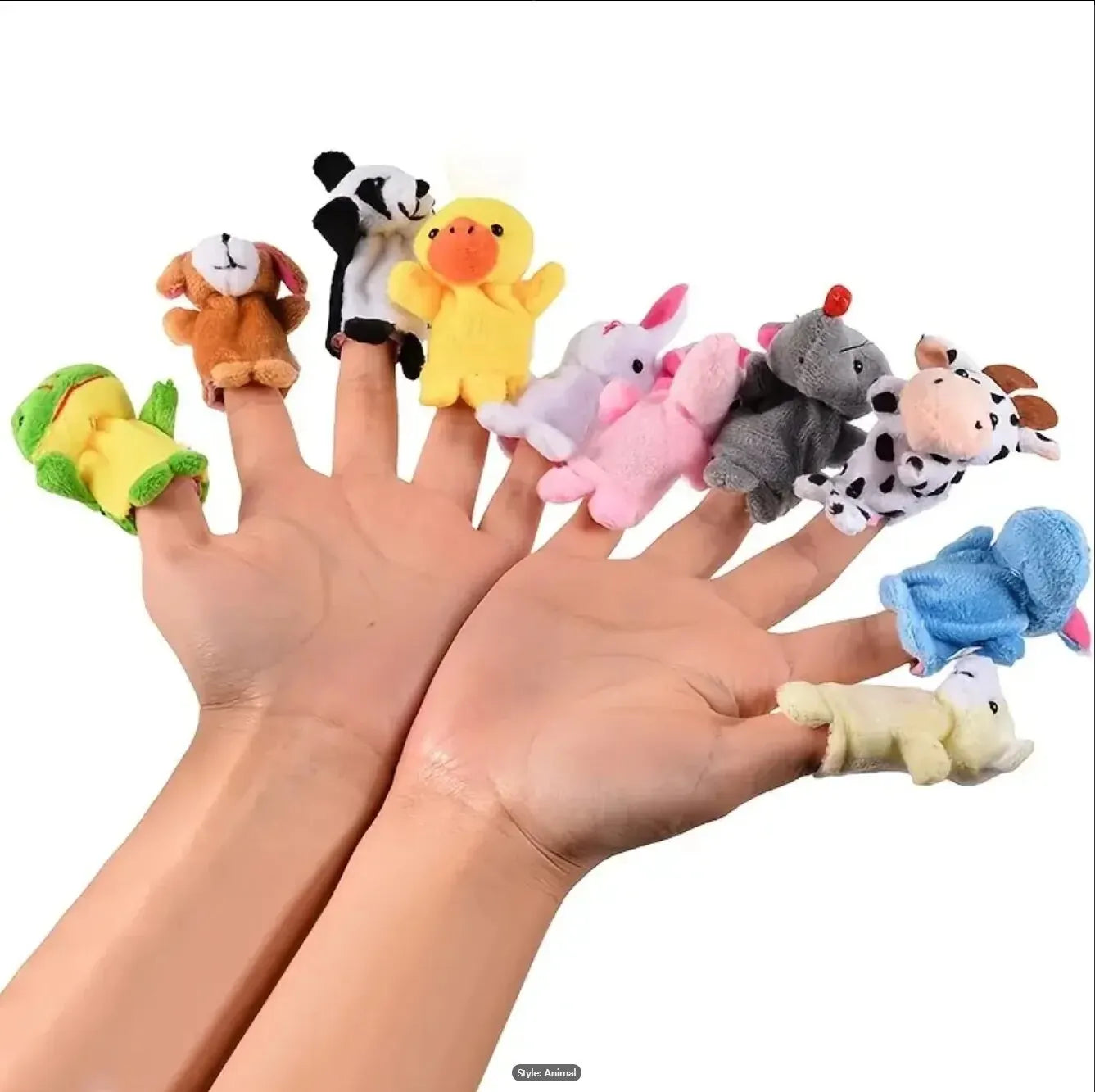 Cartoon animal finger puppets set including frog, dog, duck, panda, rabbit, pig, rhino, cow, elephant, and sheep on hands