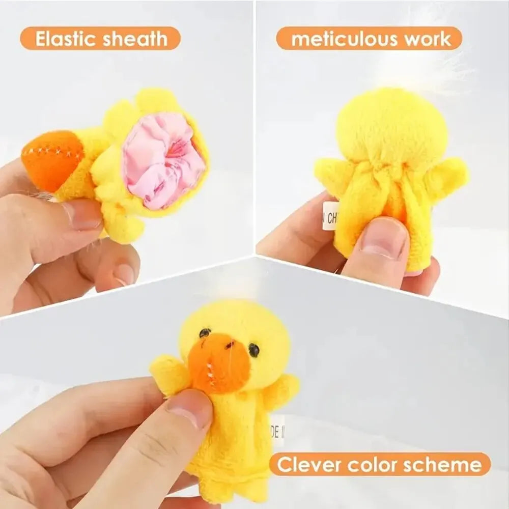 Yellow cartoon animal finger puppets set shown with elastic sheath and detailed craftsmanship