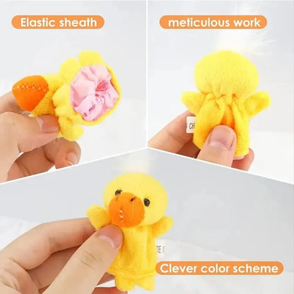 Yellow cartoon animal finger puppets set shown with elastic sheath and detailed craftsmanship