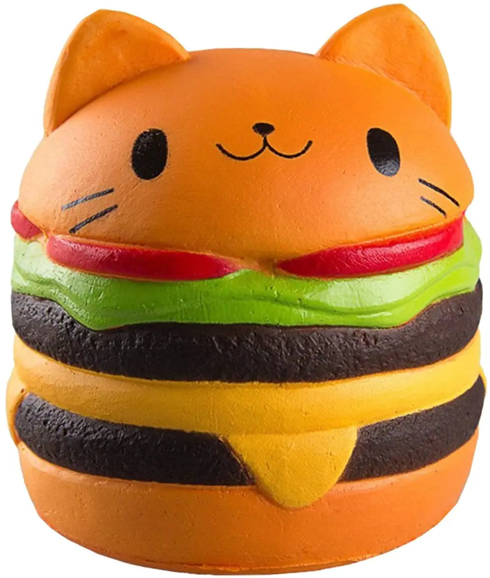 Cat burger stress toy featuring a cheerful kitten design with colorful layers