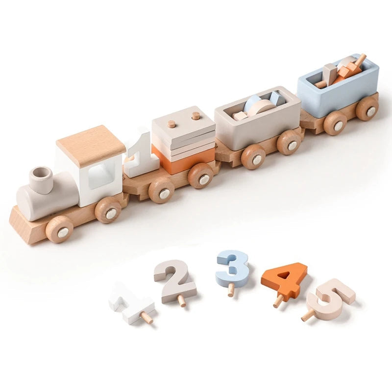 Active Playthings classic wooden train toy featuring colorful wooden blocks and numbers for creative play
