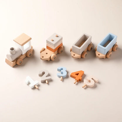 Active Playthings classic wooden train toy set with colorful cars and number pieces for imaginative play