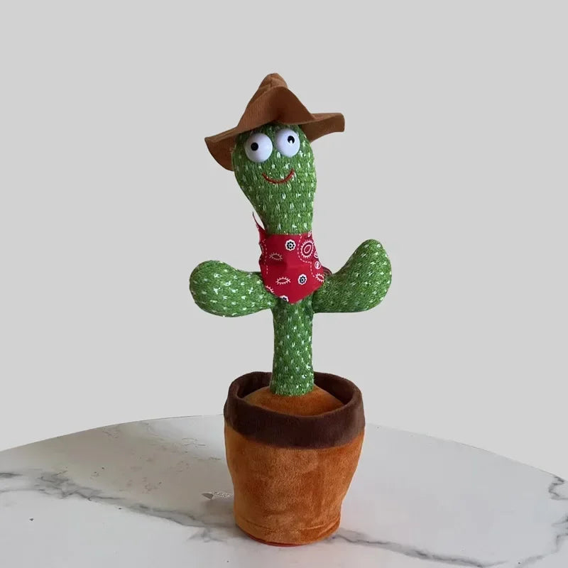 Dancing cactus toy with a cowboy hat and bandana, perfect for kids' playtime fun