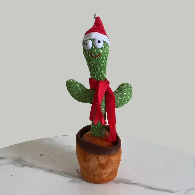 Dancing cactus toy in a pot wearing a Santa hat and red scarf, perfect for festive fun
